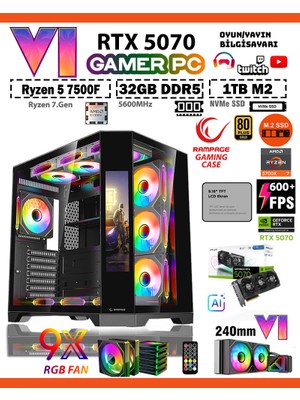 Zeiron Rampage LCD X65 💎 Ryzen 5 7500F Ddr5 32GB 5600MHZ Ram 1tb M.2 Nvme SSD 12GB Gddr7 RTX5070 Sıvı Soğutmalı Premium Oyuncu Masaüstü Bilgisayarı