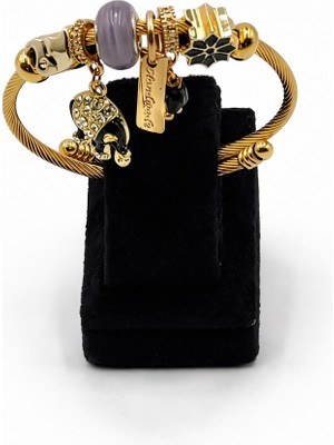 Pangu Fil Figürlü, Taşlı Altın Renk Çelik Charm Bileklik