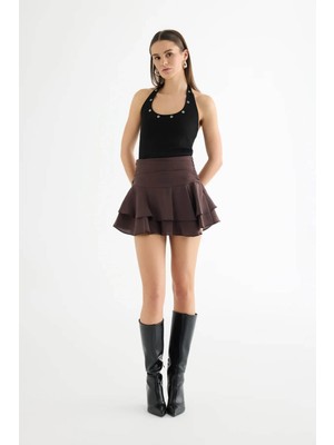 Quzu Katlı Volanlı Mini Kahverengi Kadın Etek ETK01363