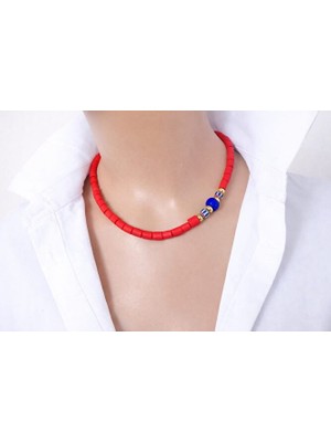 Sinem Şanlı Atelier Luna Mat Kırmızı Cam Boncuk Süryani Taşlı İkili Kolye Seti Choker Uzun Kolye Kutulu 50 cm