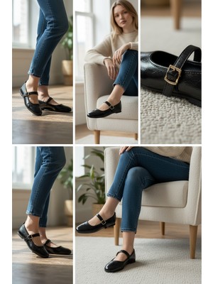 Marco Black Kadın Siyah Kırışık Rugan Rahat Günlük Konforlu Düz Taban Klasik Trend Atkılı Babet