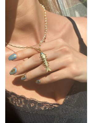 Spossy Silver Jewelry Yarı Zincir, Yarı Gerçek Inci Balık Kolye