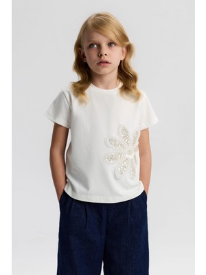 Nk Kız Çocuk Boncuk Işlemeli Tshirt 4-8 Yaş Ekru