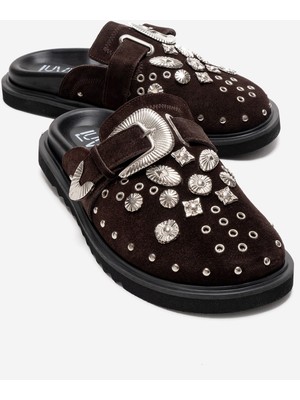 Luvi Maril Kahverengi Süet Hakiki Deri Kemerli Tokalı Burnu Kapalı Kadın Terlik