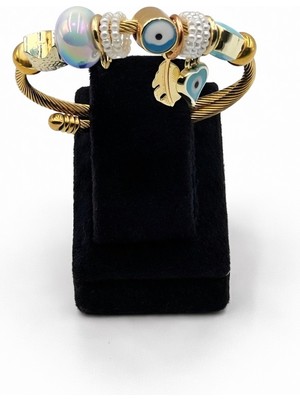 Pangu Nazar Göz Figürlü, Inci Detaylı Altın Renk Çelik Charm Bileklik