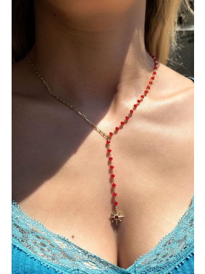 Spossy Silver Jewelry Yarı Zincir, Yarı Kırmızı Mercan  Doğal Taşlı Kutup Yıldızı Y Kolye