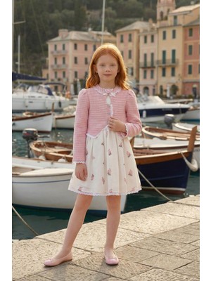 Pamina Kız Çocuk Çiçekli Elbise ve Tüvit Ceketli Takım 3-7 Yaş Pembe