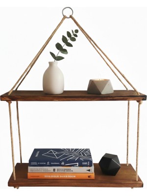 Doğal Ahşap 2 Katlı Jüt Ipli Dekoratif Raf – Kitaplık, Çiçeklik, Banyo ve Mutfak Için Şık Asma Raf