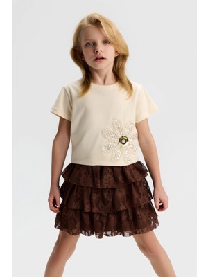 Nk Kız Çocuk Boncuk Işlemeli Tshirt 4-8 Yaş Krem