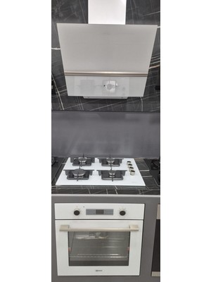 Ukinox Ankastre Set Beyaz (Vento Davlumbaz 60 Cm+Ares 65 cm Ocak+Smart 8801 Fırın 9 Fonk.