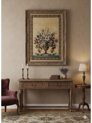 Believe Yade Vazolu Çiçekli Sütlü Kahve Jakarlı  Dokuma Goblen Dekoratif Çerçevesiz Pano Tablo 70*115