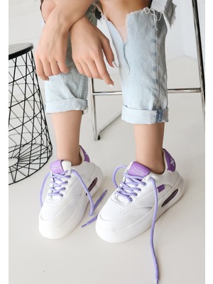 End Black Store Chris Beyaz Cilt Lila Detaylı Bağcıklı Spor Ayakkabı