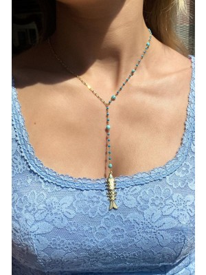 Spossy Silver Jewelry Yarı Zincirli, Yarı Firuze Taşlı Balık Y Kolye