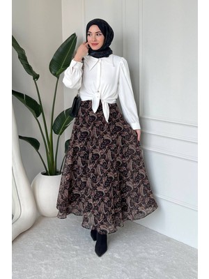 Tesettür Diyarı Noram Etnik Desen Astarlı Şifon Tesettür Etek- Siyah