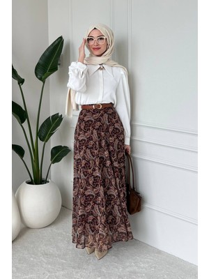 Tesettür Diyarı Noram Etnik Desen Astarlı Şifon Tesettür Etek- Kahverengi