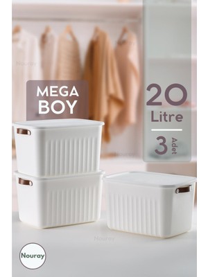 PremiumPort Çok Amaçlı 20LT Beyaz Düzenleyici Kutu Seti, Kapaklı, 3'lü