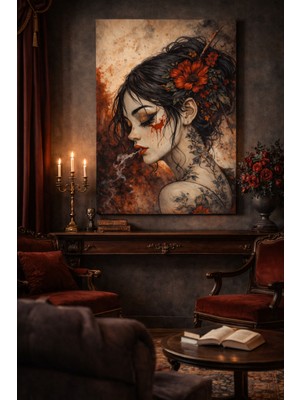Dekoratif Kırmızı Çiçekli Kadın Portresi Kanvas Tablo