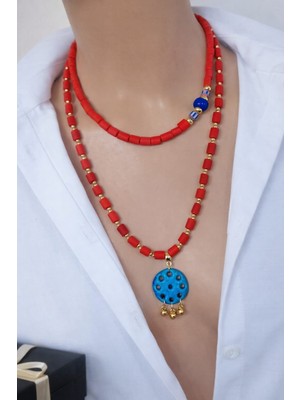 Sinem Şanlı Atelier Luna Mat Kırmızı Cam Boncuk Süryani Taşlı Ikili Kolye Seti Choker Uzun Kolye Kutulu