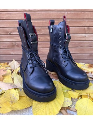 Ayakcity L'arte Milano Kadın Hakiki Deri Kaymaz Taban Günlük  Bot Bağcıklı - Siyah-Kırmızı - 40