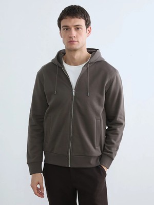 LC Waikiki Lcw Vision Kahverengi Kapüşonlu Standard Fit Erkek Fermuarlı Sweatshirt