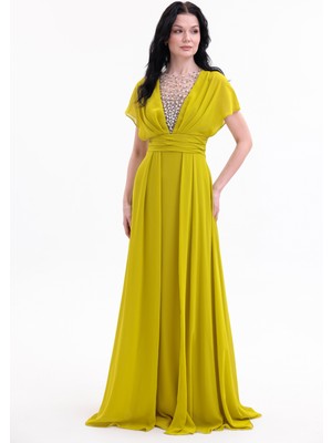 Bdm Exclusive V Yaka El Işi Taş Detaylı Şifon ve Krep Uzun Abiye Elbise