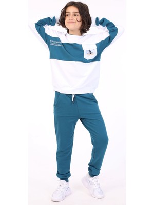 Toontoy Erkek Çocuk 2'li Takım Baskılı Bisiklet Yaka Cep Detaylı Sweatshirt & Beli Paçası Lastikli Cepli Jogger Eşofman Altı