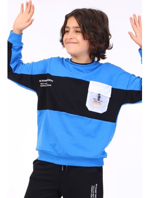 Toontoy Erkek Çocuk 2'li Takım Baskılı Bisiklet Yaka Cep Detaylı Sweatshirt & Beli Paçası Lastikli Cepli Jogger Eşofman Altı