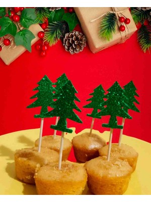 6 Adet Yeşil Kürdan Yılbaşı Çam Ağacı Simli Sunum Kürdanı