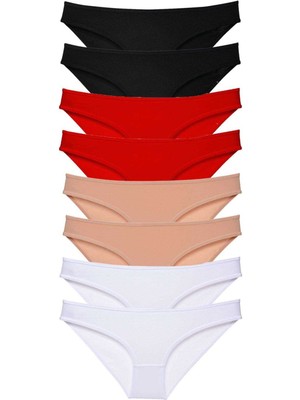 8 Adet Süper Eko Set Likralı Kadın Slip Külot Siyah Kırmızı Ten Beyaz