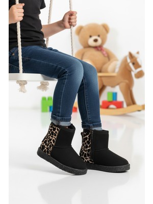 Ayakmod Siyah Leopar Içi Kürklü Soğuğa Dirençli Kız Çocuk Bot 1212 P