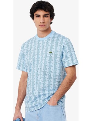 Lacoste Classic Fit Monogram Cotton T-Shirt Erkek Pamuk Tişört Mavi