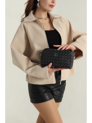 Clodi Kadın Siyah Logolu Omuz Çantası - Günlük Şık Kol Çantası - Ayarlanabilir Askılı Fermuarlı Çanta