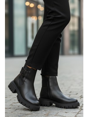 Ayakmod Premium 23783-1 Z Siyah Hakiki Deri Kalın Taban Fermuarlı Kadın Bot