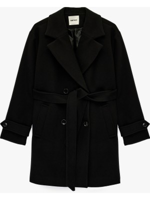 Koton Kemerli Kaşe Kaban Kruvaze Düğmeli Cepli Uzun Kollu