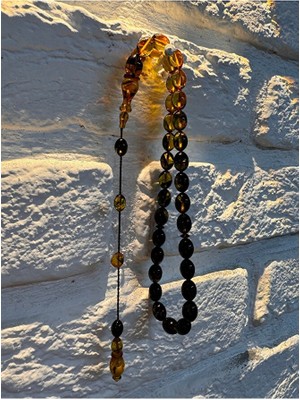 Erkek Hediyelik 33'lük  Çift Renkli Sistemli Sıkma Kehribar Tesbih