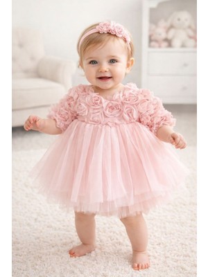 Butik Kız Bebek 3 Boyutlu Gül Detaylı Arka Fiyonk Özel Gün Elbisesi