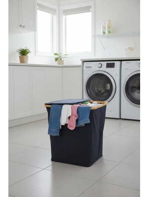 Elista Bambu Çerçeveli 100 Litre Kapaklı Katlanabilir Çamaşır Sepeti, 2 Bölmeli Kirli Sepeti (60X54X33)