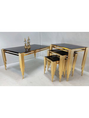 Çelsan Kare Sütun Model Metal Ayaklı Orta Sehpa – 60 × 100 cm – Gold – Siyah Cam Üst Tabla
