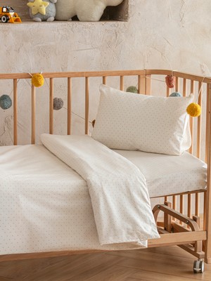 Homewell  %100 Doğal Anadolu Pamuğu Hipoalerjenik Terletmeyen Bebek Nevresim Takımı Krem Puantiyeli