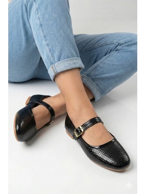 Nmoda Siyah Kırrışık Rugan Yumuşak Fiyonklu Şık Kadın Babet Ortopedik Hafif Taban Deri Cilt