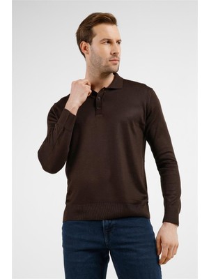 İmza Kahverengi Polo Yaka Cepsiz Comfort Fit Classic Pamuklu Triko Kazak 1012255155