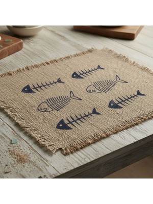 Doğal Jüt Amerikan Servis 6’lı Set, Doğal Boya Baskılı Rustik Masa Altlığı (45X35 Cm)