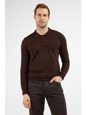 İmza Kahverengi Polo Yaka Cepsiz Comfort Fit Classic Pamuklu Triko Kazak 1012255307