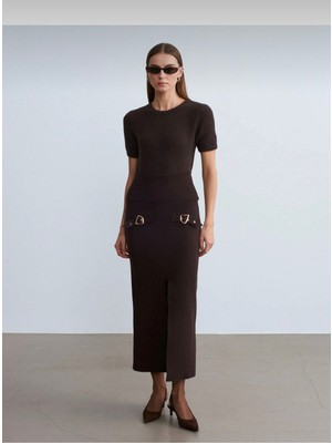 Dilvin Aksesuar Detaylı Yırtmaçlı Triko Etek