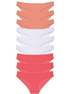 9 Adet Süper Eko Set Likralı Kadın Slip Külot Pudra Beyaz Fuşya