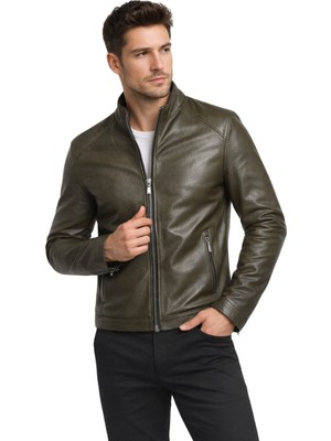 Derije Puyol Hakiki Jumbo Deri Erkek Haki Yeşil Mont