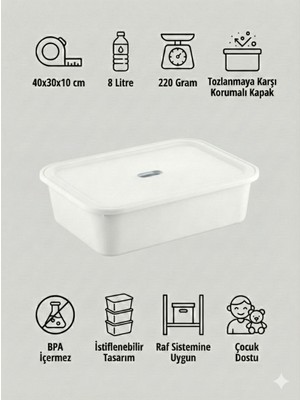 PremiumPort Beyaz Çok Amaçlı Saklama Kutusu, Organizer, 8 Lt, 40X30X10 cm