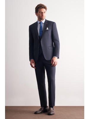 İmza Lacivert Mono Yaka Astarlı Çift Yırtmaç Esnek 6 Drop Slim Fit Basic Yelekli Takım Elbise 1001255186