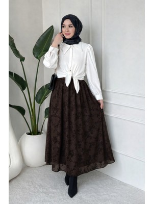 Tesettür Diyarı Roshine Kabartmalı Astarlı Tül Tesettür Etek- Acı Kahve