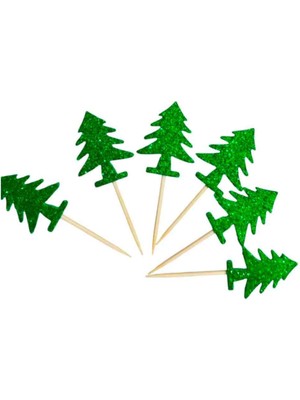 6 Adet Yeşil Kürdan Yılbaşı Çam Ağacı Simli Sunum Kürdanı Yeni Yıl Noel Yılbaşı Sunum